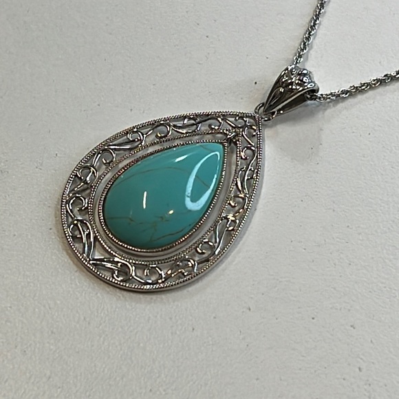 R. H. Macy Silver & Turquoise Teardrop Pendant Necklace, NWT! - Picture 2 of 5